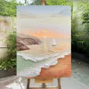Hand-painted coastal sunrise canvas art with sailboat and textured waves