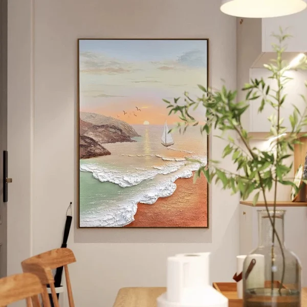 Coastal sunrise canvas art displayed in a modern dining room