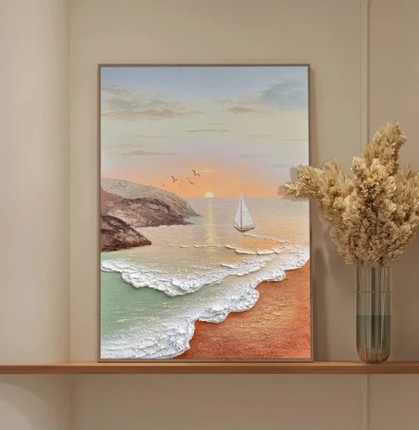 Coastal sailboat wall art shown in a styled room setting