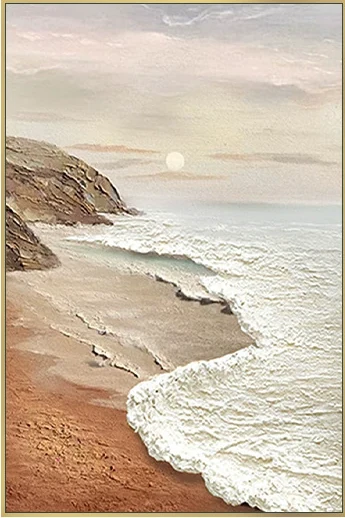 Quiet Shore textured coastal artwork with a gold aluminum frame
